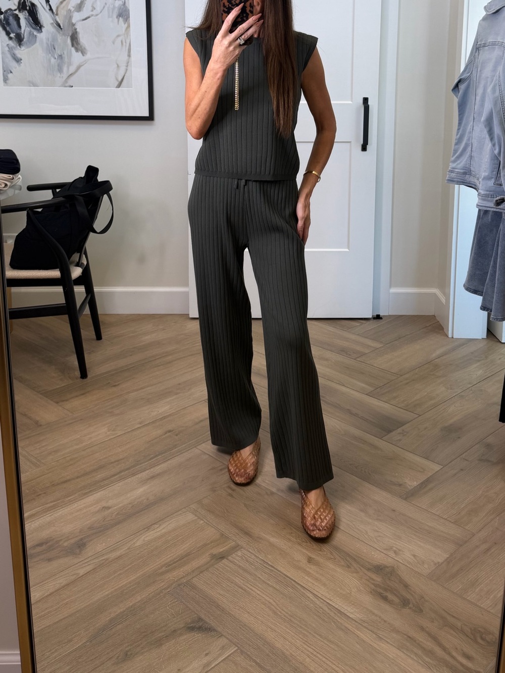 New Sleeveless Ribbed Wide-Leg two piece comfy set tank & pants, Olive